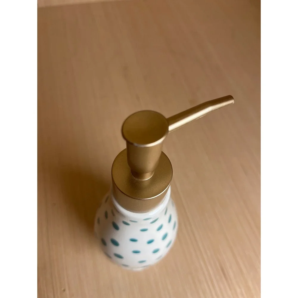 The Pioneer Woman Teal Polka Dot Earthenware Soap Dispenser Gold Pump Retired